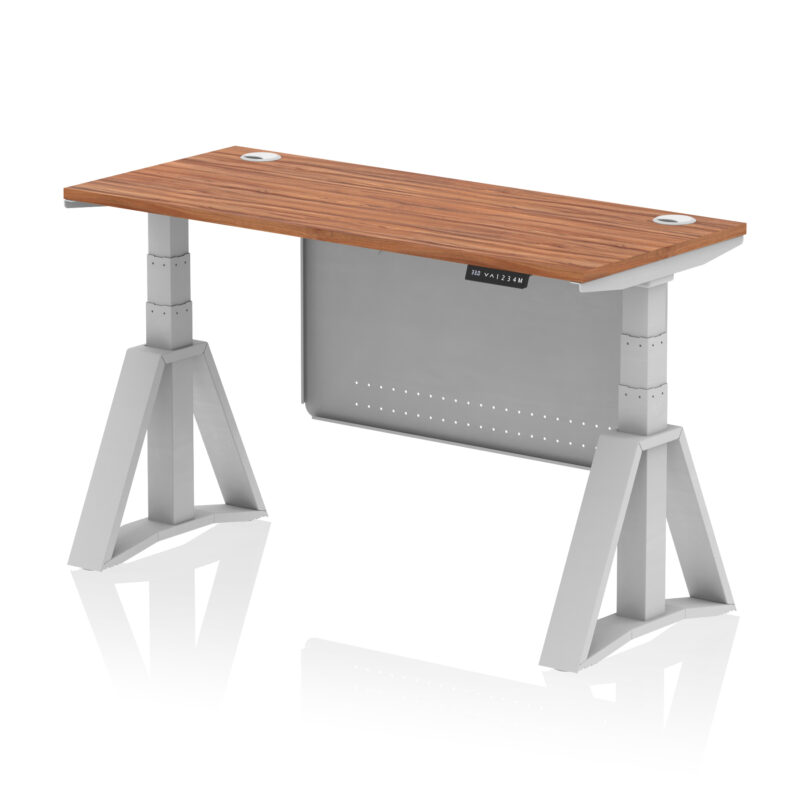 air height adjustable slimline desk with cable ports with steel modesty panel with piste foot