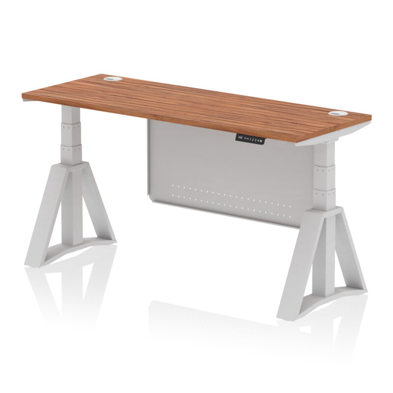air height adjustable slimline desk with cable ports with steel modesty panel with piste foot