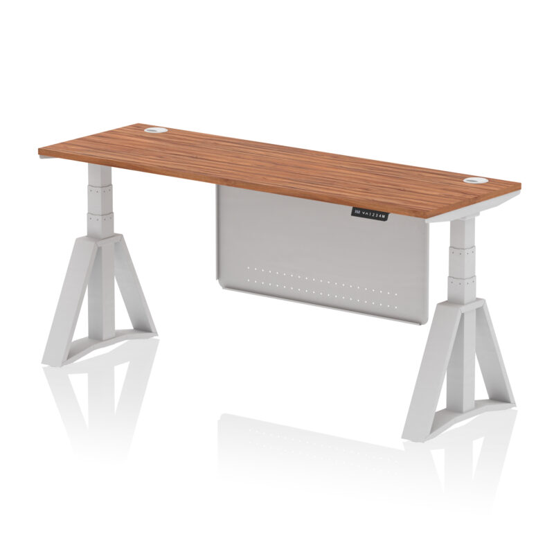 air height adjustable slimline desk with cable ports with steel modesty panel with piste foot