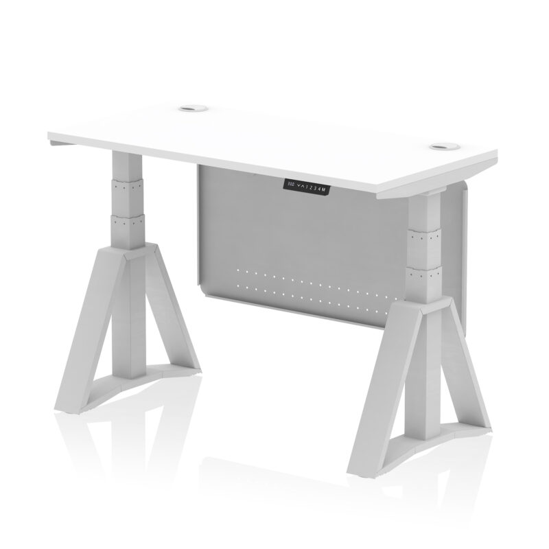 air height adjustable slimline desk with cable ports with steel modesty panel with piste foot