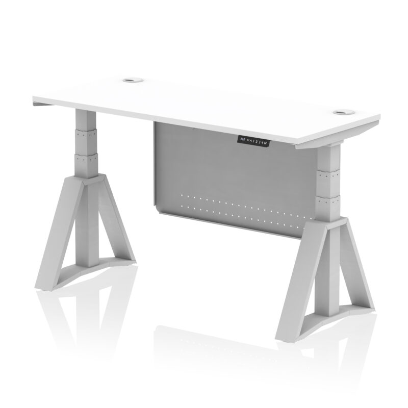 air height adjustable slimline desk with cable ports with steel modesty panel with piste foot