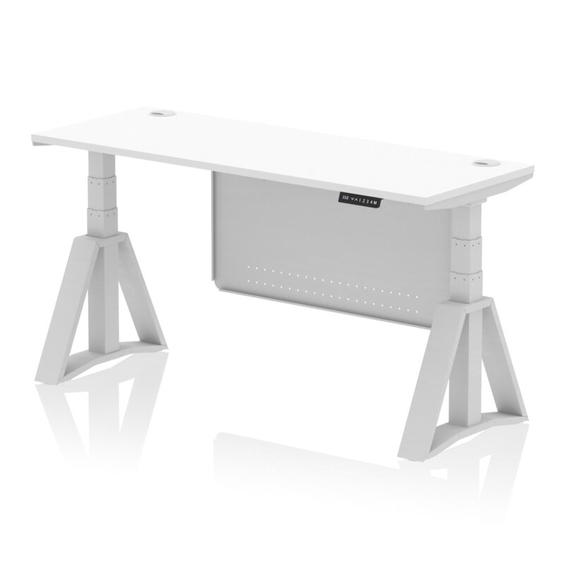 air height adjustable slimline desk with cable ports with steel modesty panel with piste foot