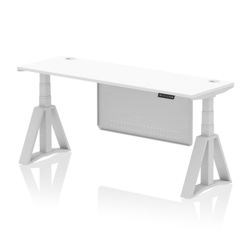 air height adjustable slimline desk with cable ports with steel modesty panel with piste foot