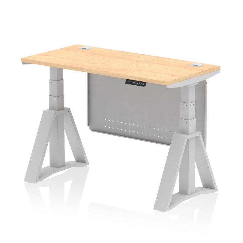 air height adjustable slimline desk with cable ports with steel modesty panel with piste foot