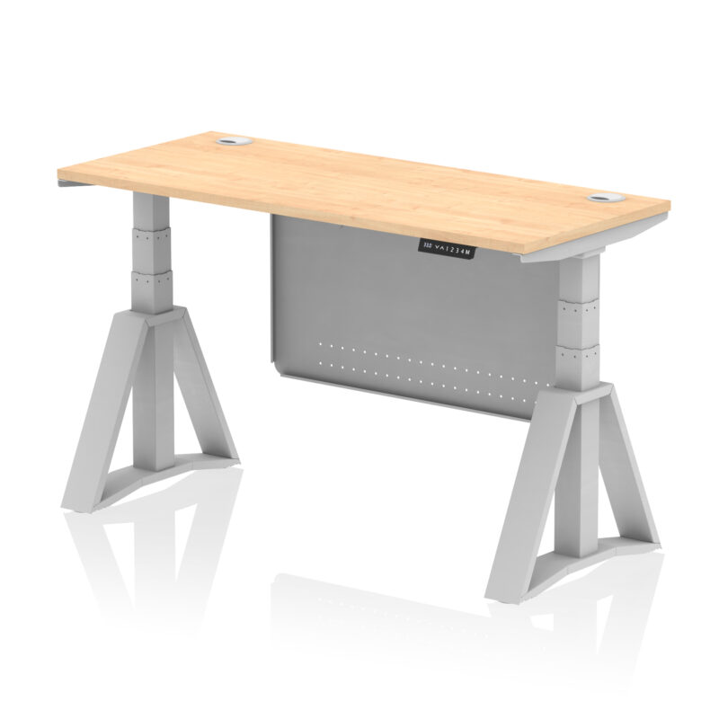 air height adjustable slimline desk with cable ports with steel modesty panel with piste foot
