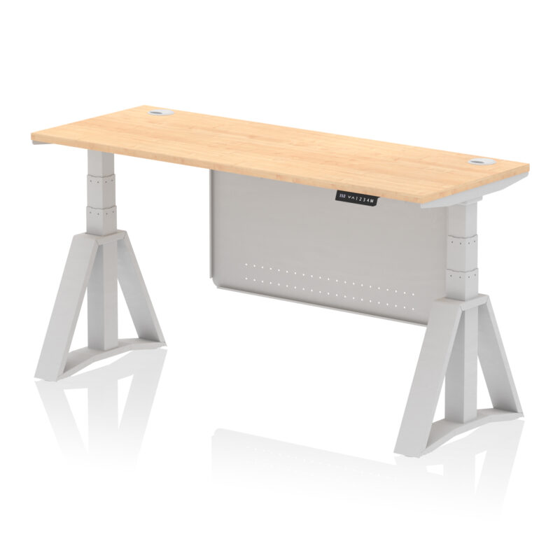 air height adjustable slimline desk with cable ports with steel modesty panel with piste foot