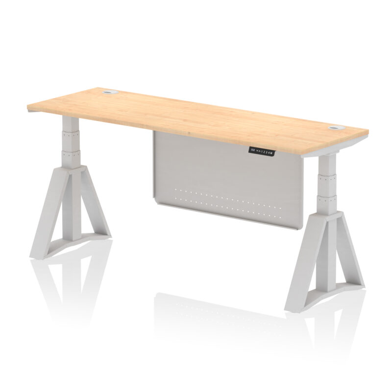 air height adjustable slimline desk with cable ports with steel modesty panel with piste foot