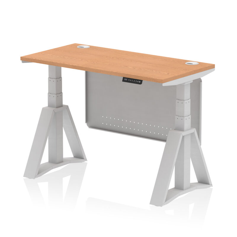 air height adjustable slimline desk with cable ports with steel modesty panel with piste foot