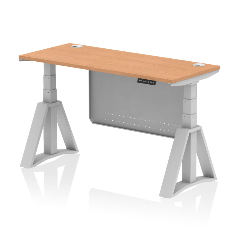 air height adjustable slimline desk with cable ports with steel modesty panel with piste foot