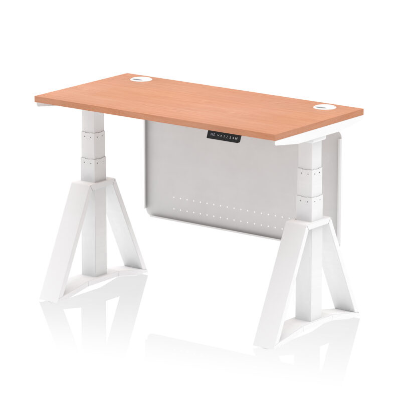 air height adjustable slimline desk with cable ports with steel modesty panel with piste foot