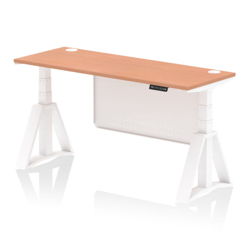 air height adjustable slimline desk with cable ports with steel modesty panel with piste foot