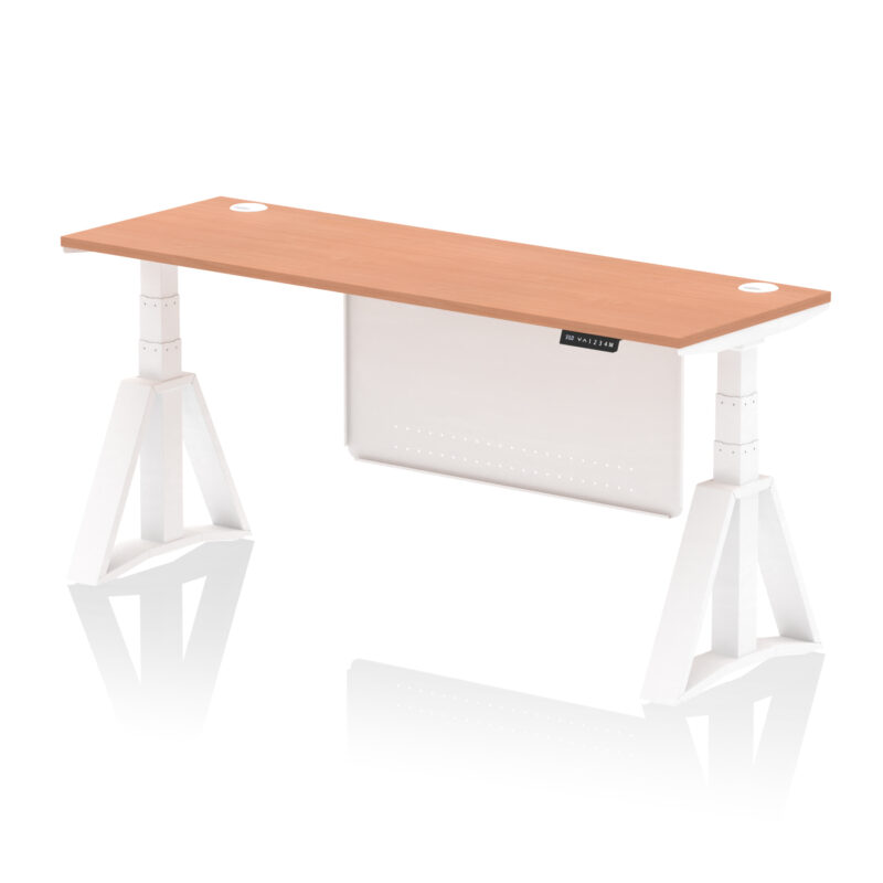 air height adjustable slimline desk with cable ports with steel modesty panel with piste foot