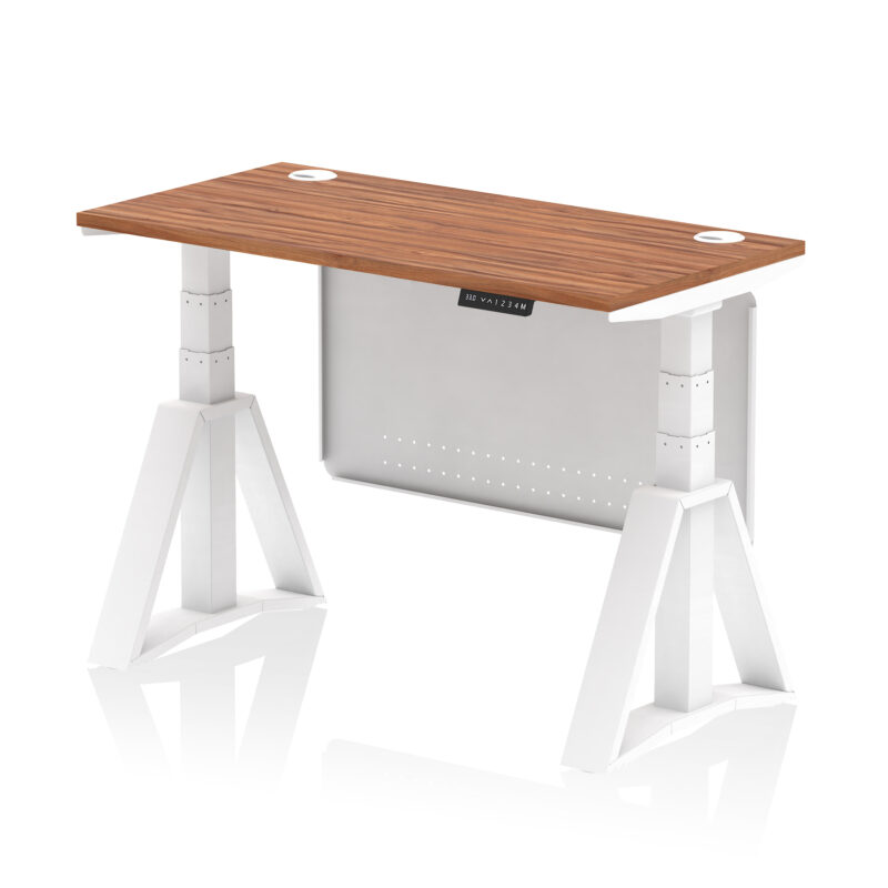 air height adjustable slimline desk with cable ports with steel modesty panel with piste foot