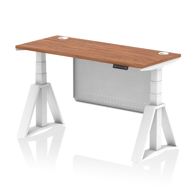 air height adjustable slimline desk with cable ports with steel modesty panel with piste foot