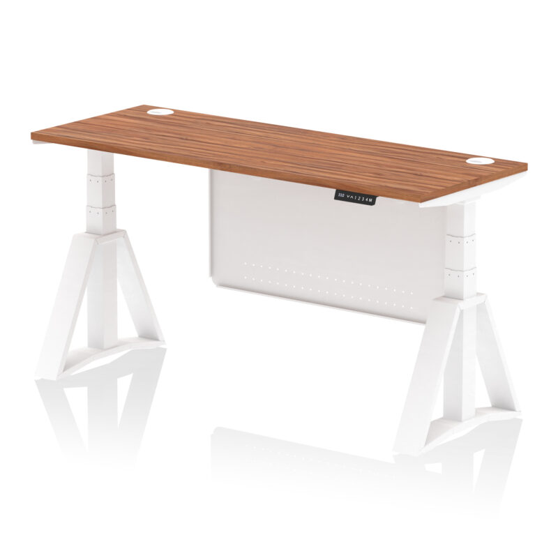 air height adjustable slimline desk with cable ports with steel modesty panel with piste foot