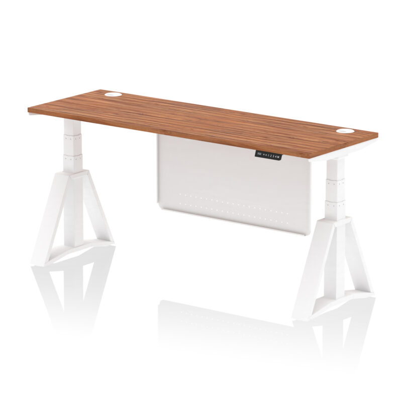 air height adjustable slimline desk with cable ports with steel modesty panel with piste foot