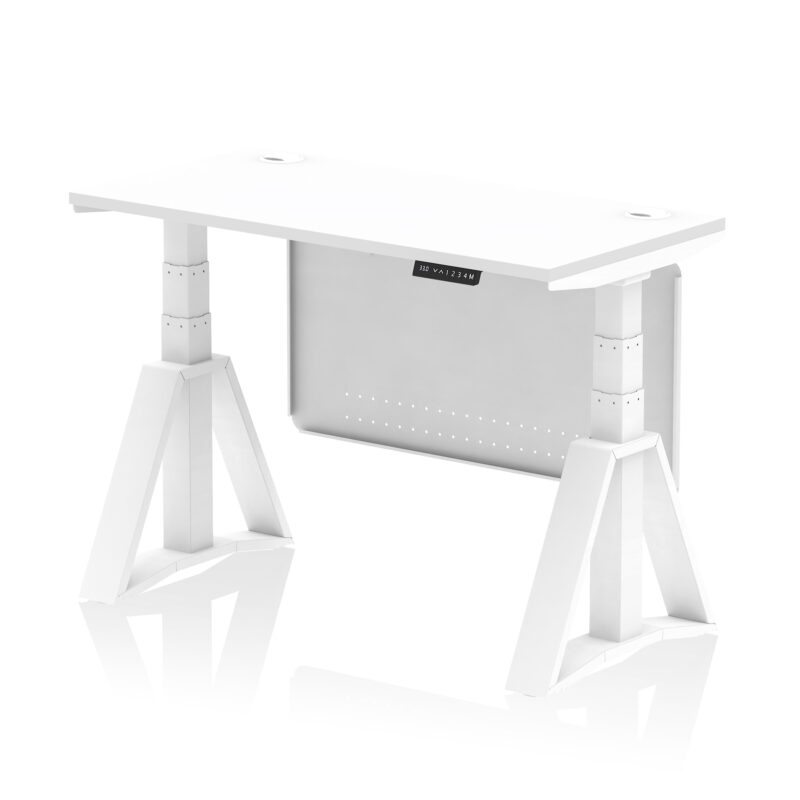 air height adjustable slimline desk with cable ports with steel modesty panel with piste foot
