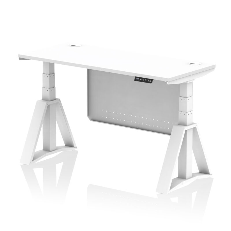 air height adjustable slimline desk with cable ports with steel modesty panel with piste foot