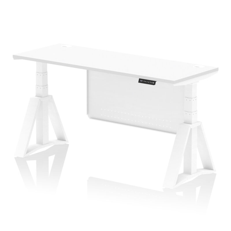 air height adjustable slimline desk with cable ports with steel modesty panel with piste foot