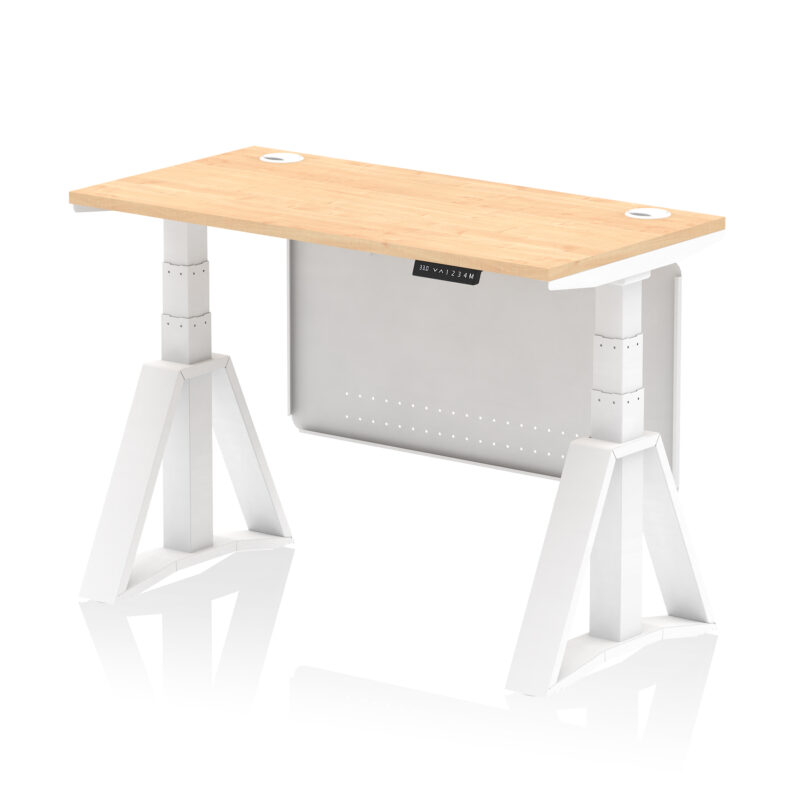 air height adjustable slimline desk with cable ports with steel modesty panel with piste foot