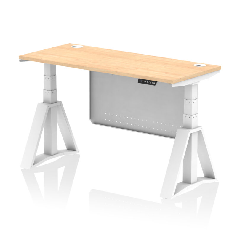 air height adjustable slimline desk with cable ports with steel modesty panel with piste foot