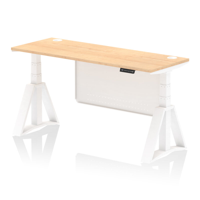 air height adjustable slimline desk with cable ports with steel modesty panel with piste foot