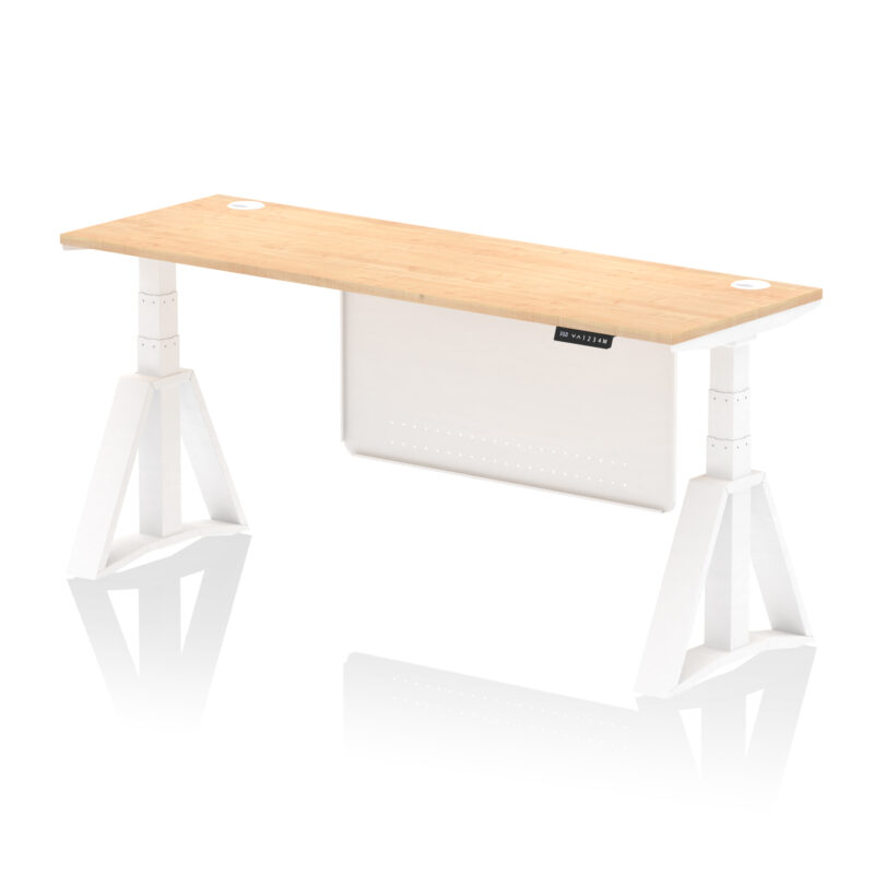 air height adjustable slimline desk with cable ports with steel modesty panel with piste foot