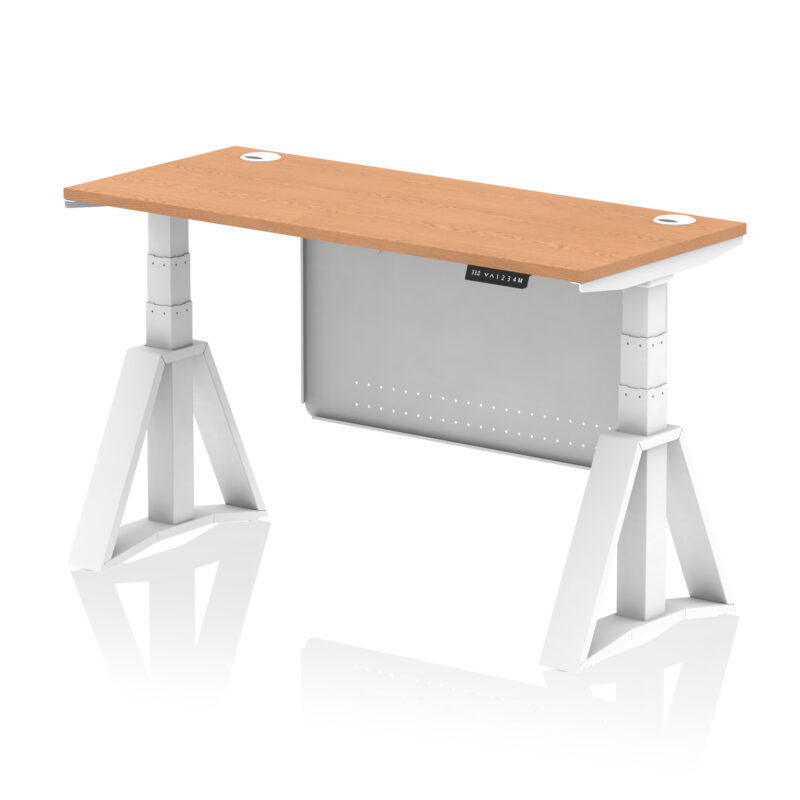air height adjustable slimline desk with cable ports with steel modesty panel with piste foot