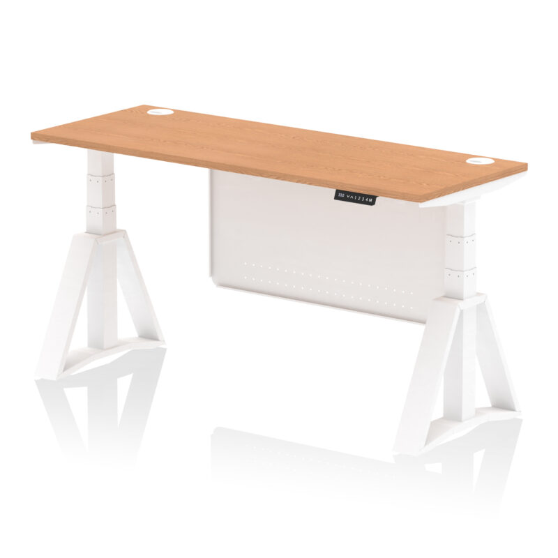 air height adjustable slimline desk with cable ports with steel modesty panel with piste foot