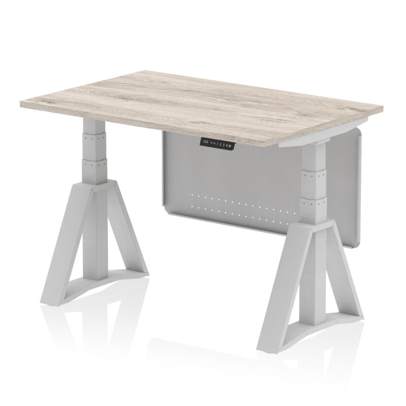 air height adjustable desk without cable ports with steel modesty panel with piste foot