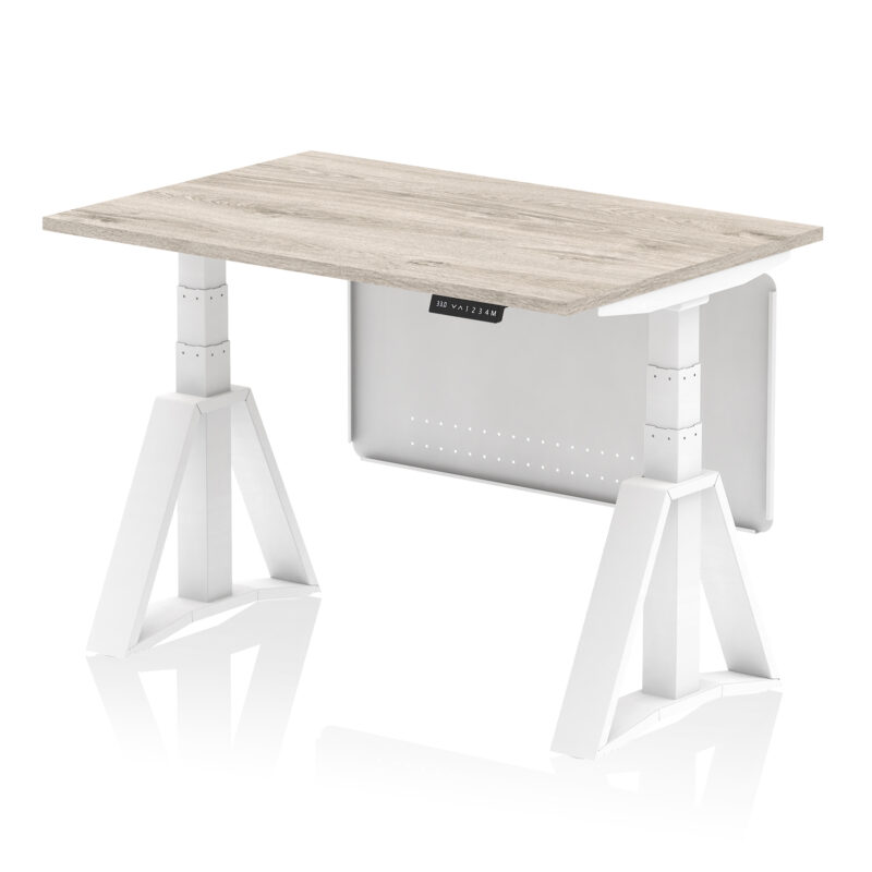 air height adjustable desk without cable ports with steel modesty panel with piste foot