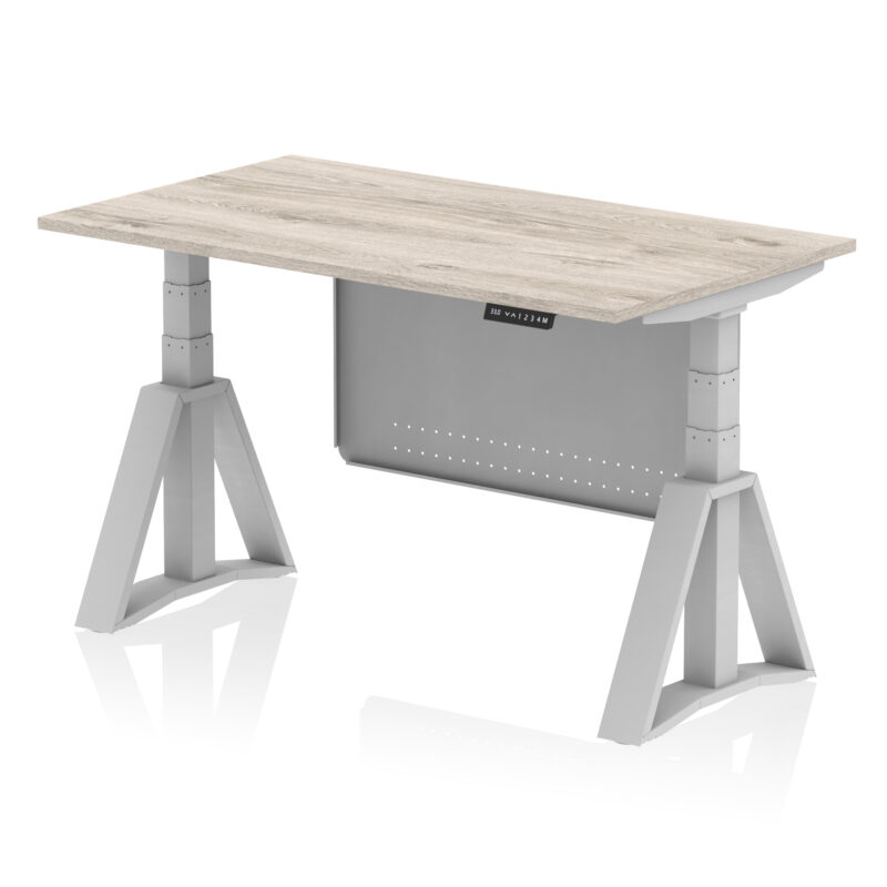 air height adjustable desk without cable ports with steel modesty panel with piste foot