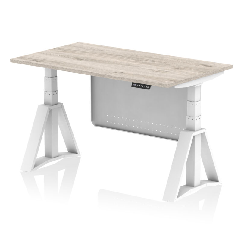 air height adjustable desk without cable ports with steel modesty panel with piste foot