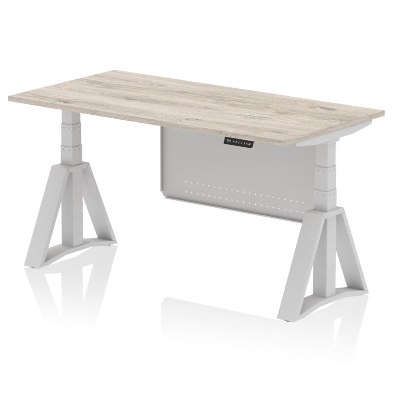 air height adjustable desk without cable ports with steel modesty panel with piste foot
