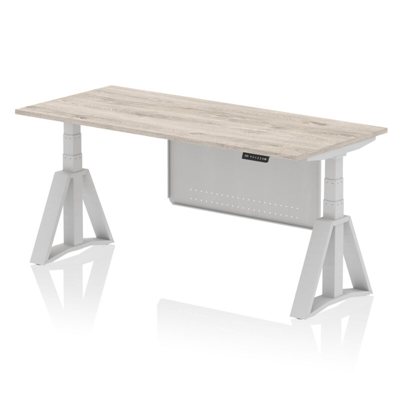 air height adjustable desk without cable ports with steel modesty panel with piste foot