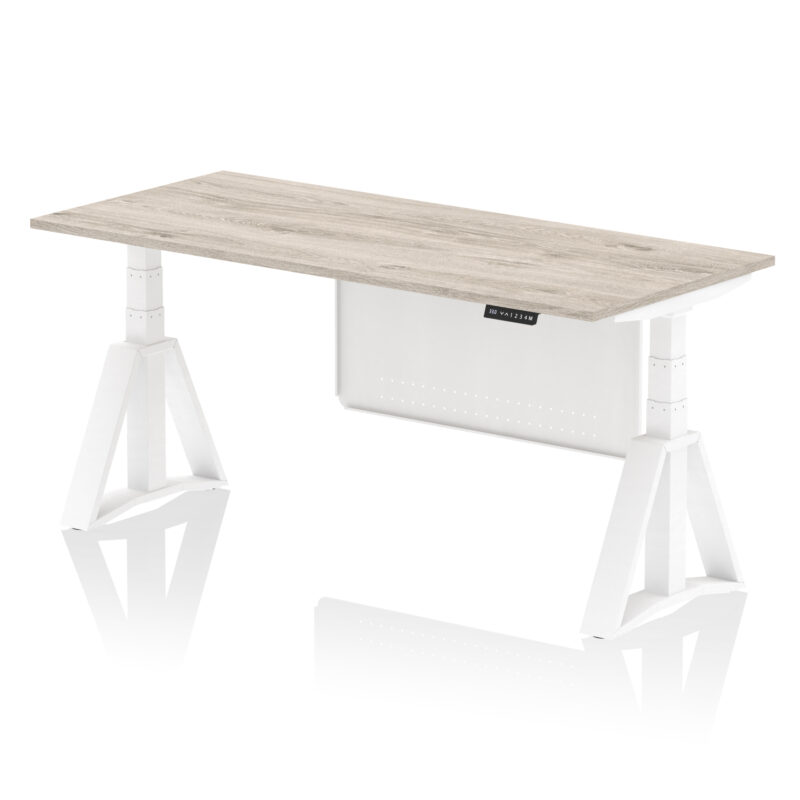 air height adjustable desk without cable ports with steel modesty panel with piste foot