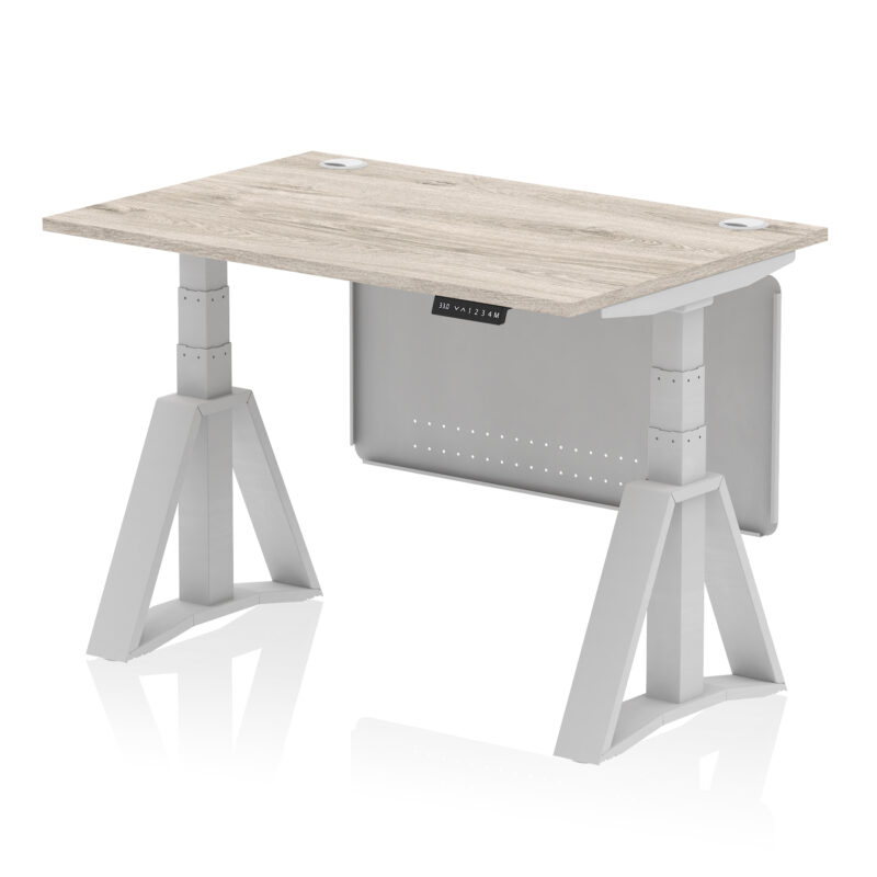 air height adjustable desk with cable ports with steel modesty panel with piste foot