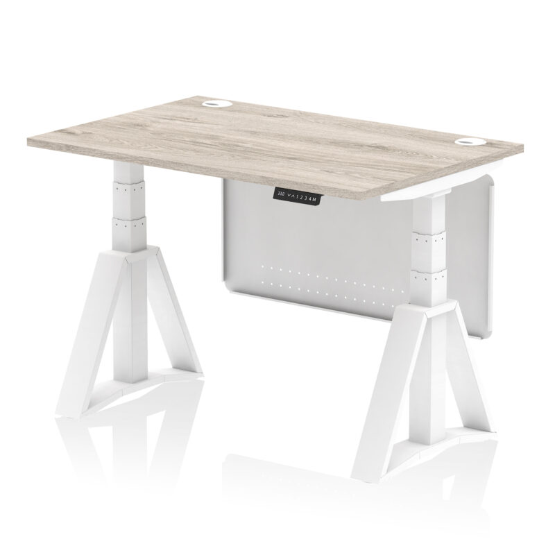 air height adjustable desk with cable ports with steel modesty panel with piste foot
