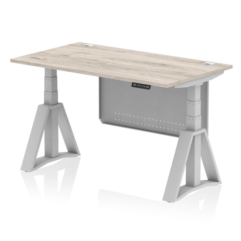 air height adjustable desk with cable ports with steel modesty panel with piste foot