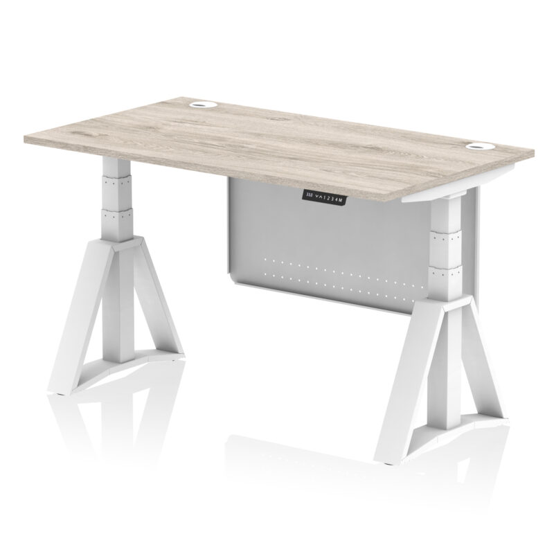 air height adjustable desk with cable ports with steel modesty panel with piste foot