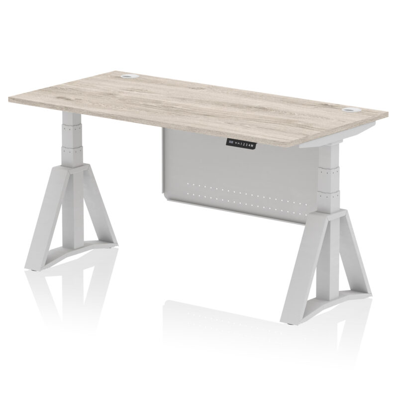 air height adjustable desk with cable ports with steel modesty panel with piste foot