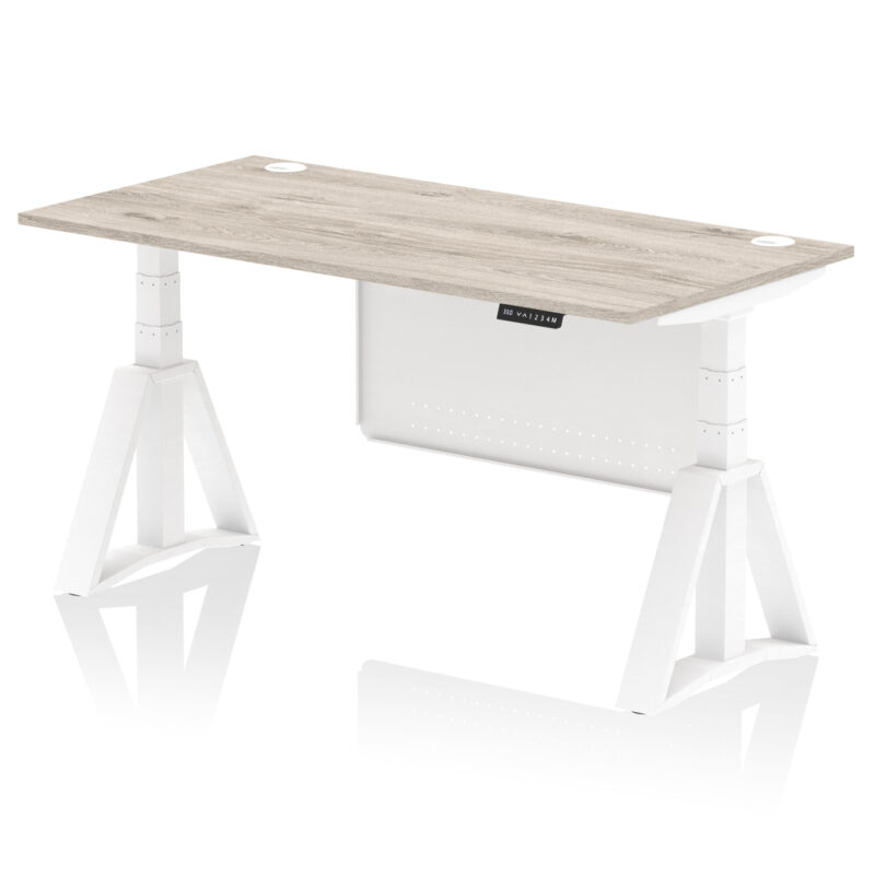 air height adjustable desk with cable ports with steel modesty panel with piste foot