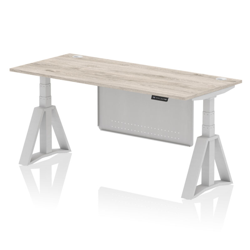 air height adjustable desk with cable ports with steel modesty panel with piste foot