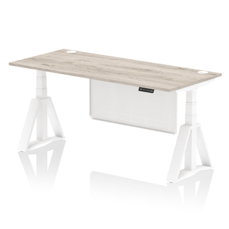 air height adjustable desk with cable ports with steel modesty panel with piste foot