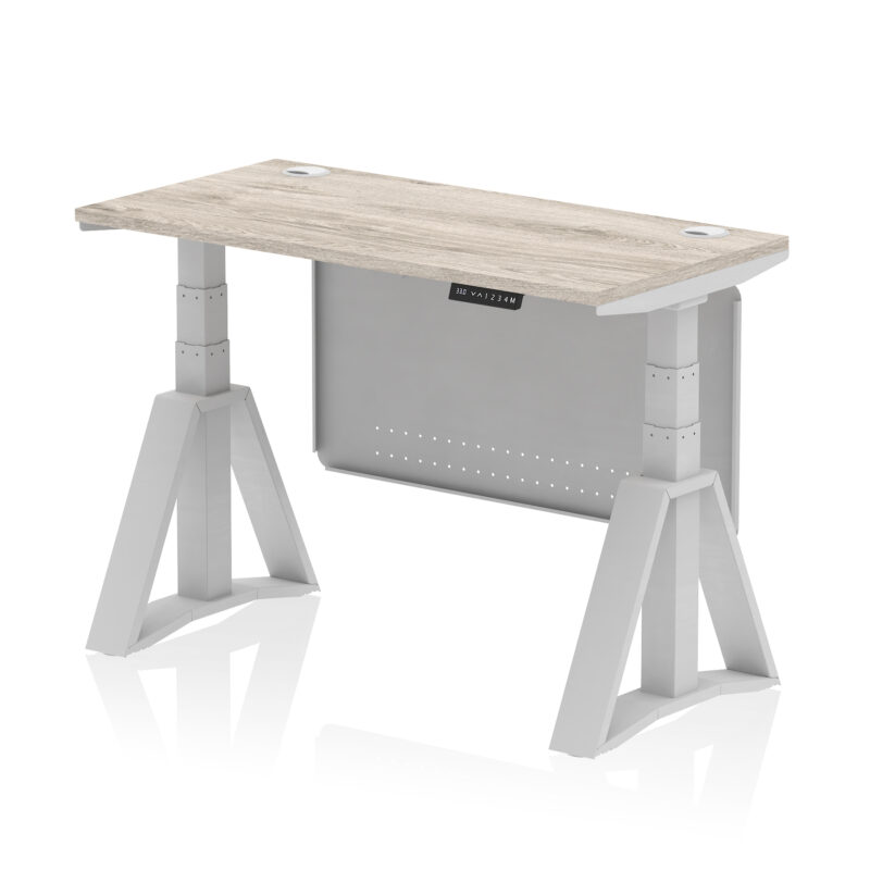 air height adjustable slimline desk with cable ports with steel modesty panel with piste foot