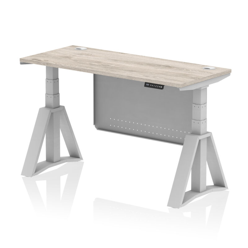air height adjustable slimline desk with cable ports with steel modesty panel with piste foot