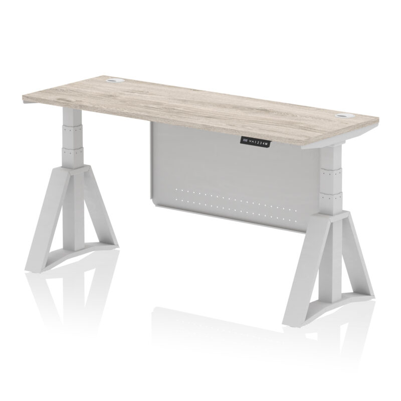 air height adjustable slimline desk with cable ports with steel modesty panel with piste foot