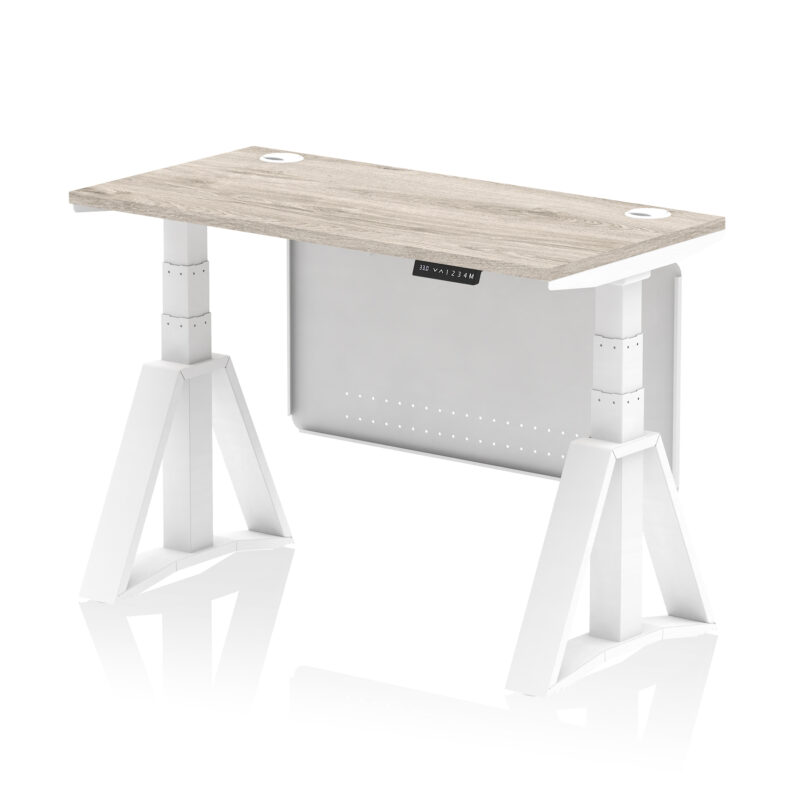 air height adjustable slimline desk with cable ports with steel modesty panel with piste foot