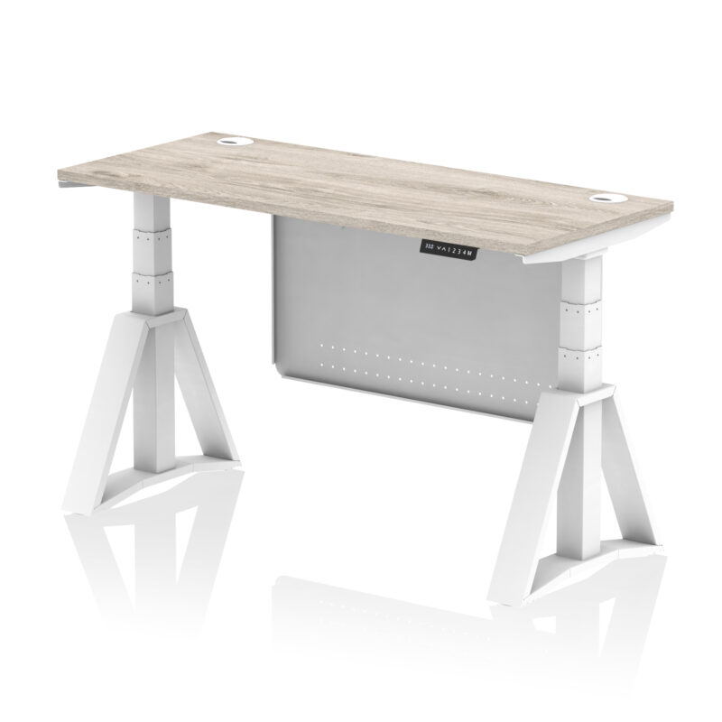 air height adjustable slimline desk with cable ports with steel modesty panel with piste foot
