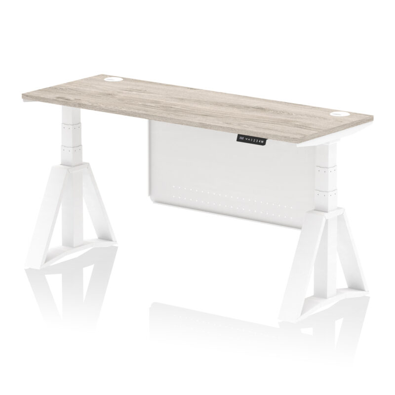 air height adjustable slimline desk with cable ports with steel modesty panel with piste foot